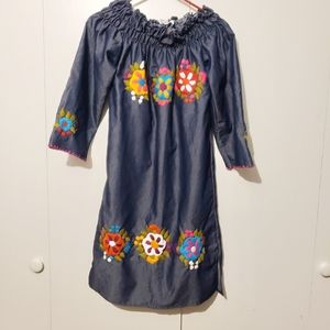 Denim floral embroidered off the shoulder dress